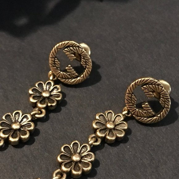 Gucci GG Marmont Pink Daisy Drop Earrings Silver 925 Aged Gold Finish GORGEOUS! - Picture 3 of 16